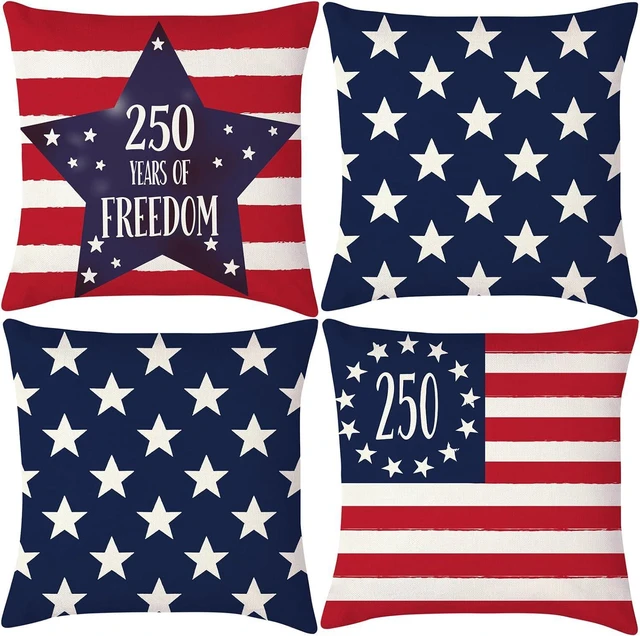 Main image of 250 Years America Anniversary Pillow Covers Decoration Set of 4 America Flag Stars and Stripes Cushion Case 4th of July Throw Pillow Case for Sofa Couch Bed Home Outdoor (250 Years of Freedom)