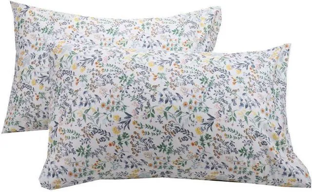 Main image of White Botanical Cotton Pillowcase Set of 2, Soft Queen Size Pillow Cover with Envelop Closure, 20 x 30 inches