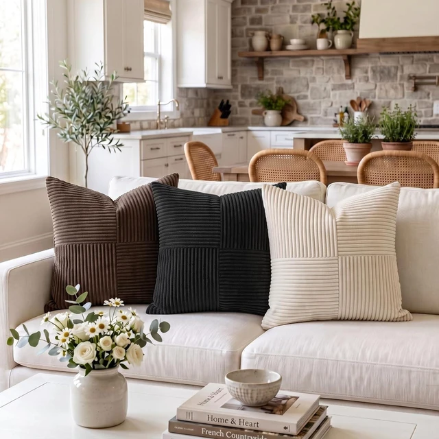 Alt view image 2 of 7 - 2 Packs Black Decorative Throw Pillow Covers 18x18 Inch for Living Room Couch Bed Sofa, Rustic Farmhouse Boho Home Decor, Soft Corss Corduroy Patchwork Textured Square Cushion Case 45x45 cm