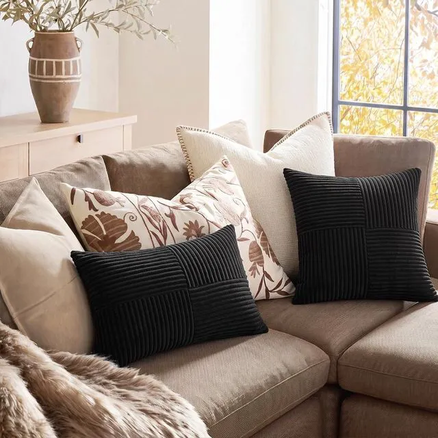 Alt view image 5 of 7 - 2 Packs Black Decorative Throw Pillow Covers 18x18 Inch for Living Room Couch Bed Sofa, Rustic Farmhouse Boho Home Decor, Soft Corss Corduroy Patchwork Textured Square Cushion Case 45x45 cm