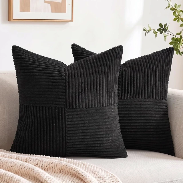 Main image of 2 Packs Black Decorative Throw Pillow Covers 18x18 Inch for Living Room Couch Bed Sofa, Rustic Farmhouse Boho Home Decor, Soft Corss Corduroy Patchwork Textured Square Cushion Case 45x45 cm