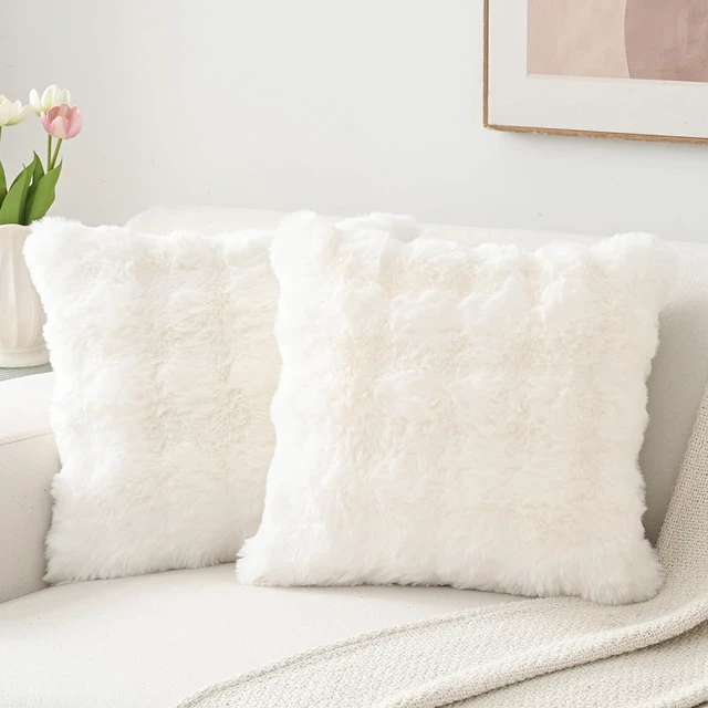 Main image of Set of 2 Thick Plush Faux Wool White Throw Pillow Covers 18x18