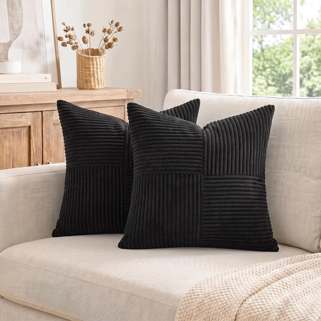 Alt view image 7 of 7 - 2 Packs Black Decorative Throw Pillow Covers 18x18 Inch for Living Room Couch Bed Sofa, Rustic Farmhouse Boho Home Decor, Soft Corss Corduroy Patchwork Textured Square Cushion Case 45x45 cm