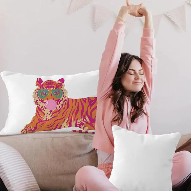 Alt view image 2 of 6 - Pink and Orange Tiger Pillow Cover 12x20, Coquette Trendy Preppy White Tiger Throw Pillow Covers, Coquette Room Decor, Preppy School Supplies
