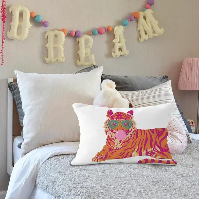 Alt view image 4 of 6 - Pink and Orange Tiger Pillow Cover 12x20, Coquette Trendy Preppy White Tiger Throw Pillow Covers, Coquette Room Decor, Preppy School Supplies