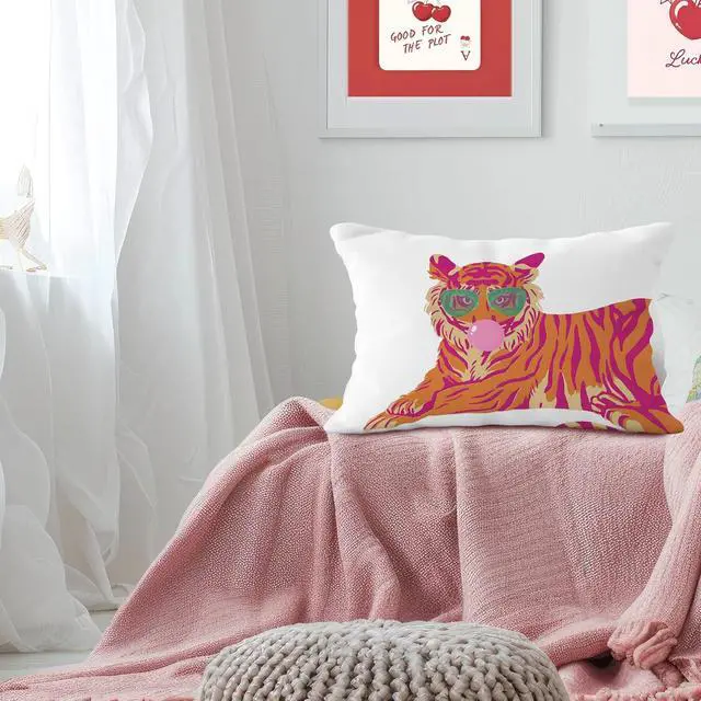 Alt view image 3 of 6 - Pink and Orange Tiger Pillow Cover 12x20, Coquette Trendy Preppy White Tiger Throw Pillow Covers, Coquette Room Decor, Preppy School Supplies