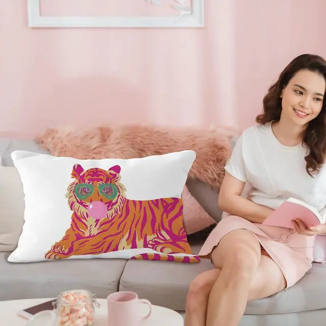 Alt view image 5 of 6 - Pink and Orange Tiger Pillow Cover 12x20, Coquette Trendy Preppy White Tiger Throw Pillow Covers, Coquette Room Decor, Preppy School Supplies