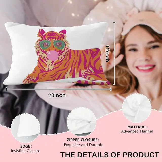 Alt view image 6 of 6 - Pink and Orange Tiger Pillow Cover 12x20, Coquette Trendy Preppy White Tiger Throw Pillow Covers, Coquette Room Decor, Preppy School Supplies