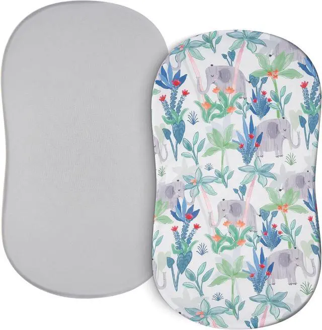 Main image of Baby Bassinet Sheets for Girls Boys 2 Pack Baby Sheets for Square Rectangle Oval Bassinet Mattress 33X16 Inch, Rainforest Elephant & Grey
