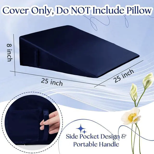 Alt view image 4 of 7 - Satin Wedge Pillow Case Cover, Navy Blue Silky Wedge Pillowcase Removable & Machine Washable Cases with Zipper, 24"x24"x7.5"(Pillow Not Include)