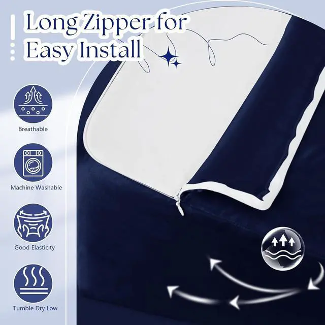 Alt view image 6 of 7 - Satin Wedge Pillow Case Cover, Navy Blue Silky Wedge Pillowcase Removable & Machine Washable Cases with Zipper, 24"x24"x7.5"(Pillow Not Include)