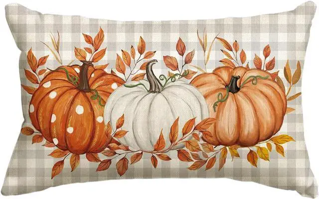 Main image of Fall Orange Pumpkin Plaid Throw Pillow Cover 12x20 Inch