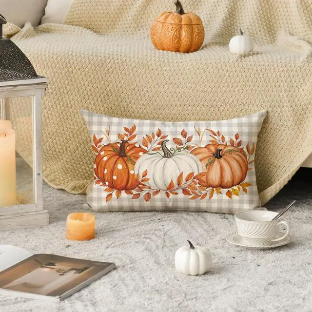 Alt view image 2 of 7 - Fall Orange Pumpkin Plaid Throw Pillow Cover 12x20 Inch