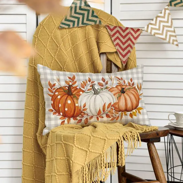 Alt view image 3 of 7 - Fall Orange Pumpkin Plaid Throw Pillow Cover 12x20 Inch