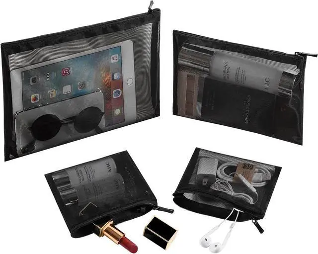 Main image of Mesh Pouch, Make up Bag with Zipper Cosmetic Organizer Pouch for Daily or Travel to Keep Small Items, 4 PCS Black