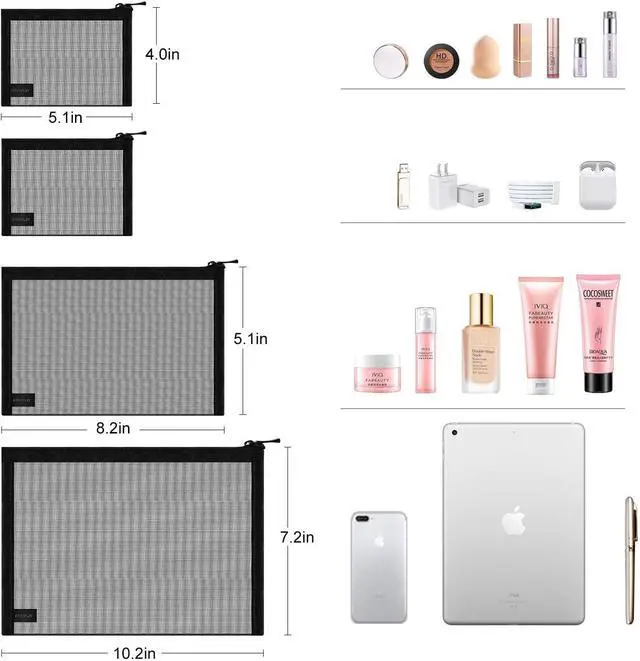 Alt view image 2 of 5 - Mesh Pouch, Make up Bag with Zipper Cosmetic Organizer Pouch for Daily or Travel to Keep Small Items, 4 PCS Black