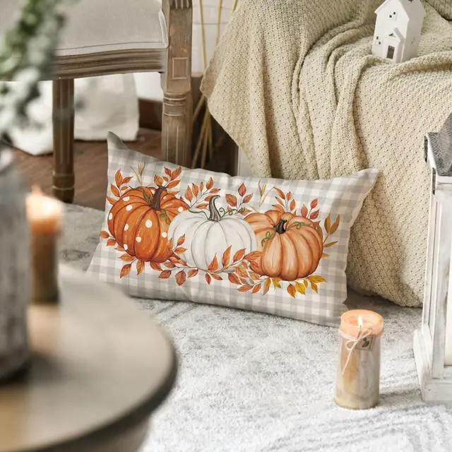 Alt view image 4 of 7 - Fall Orange Pumpkin Plaid Throw Pillow Cover 12x20 Inch