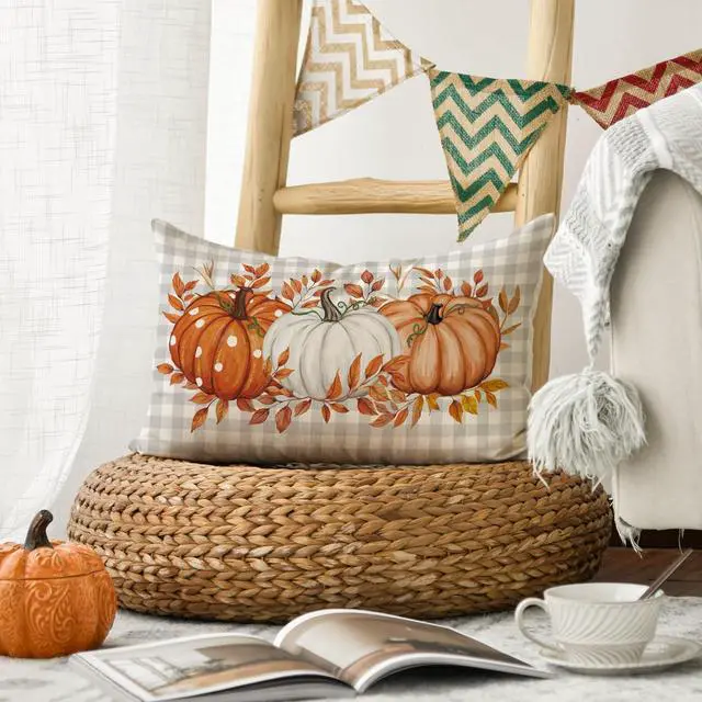 Alt view image 5 of 7 - Fall Orange Pumpkin Plaid Throw Pillow Cover 12x20 Inch