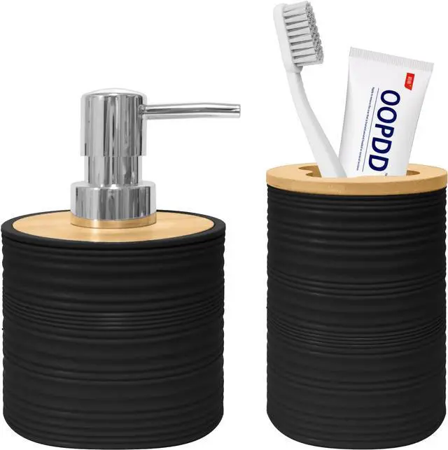 Main image of 2 PCS Bathroom Accessories Set, Black Soap Dispenser and Toothbrush Holder