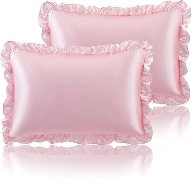 Main image of Ruffled Queen Satin Pillowcase Set of 2, Blush Pink Silky Satin Pillow Cases for Women Ruffle Pillow Shams Covers Princess Room Decoration, with Envelope Closure