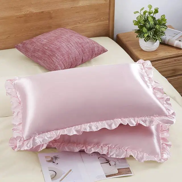 Alt view image 2 of 7 - Ruffled Queen Satin Pillowcase Set of 2, Blush Pink Silky Satin Pillow Cases for Women Ruffle Pillow Shams Covers Princess Room Decoration, with Envelope Closure