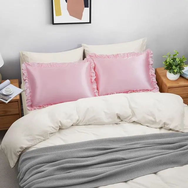 Alt view image 3 of 7 - Ruffled Queen Satin Pillowcase Set of 2, Blush Pink Silky Satin Pillow Cases for Women Ruffle Pillow Shams Covers Princess Room Decoration, with Envelope Closure