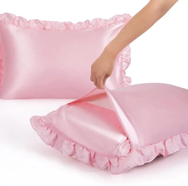 Alt view image 5 of 7 - Ruffled Queen Satin Pillowcase Set of 2, Blush Pink Silky Satin Pillow Cases for Women Ruffle Pillow Shams Covers Princess Room Decoration, with Envelope Closure