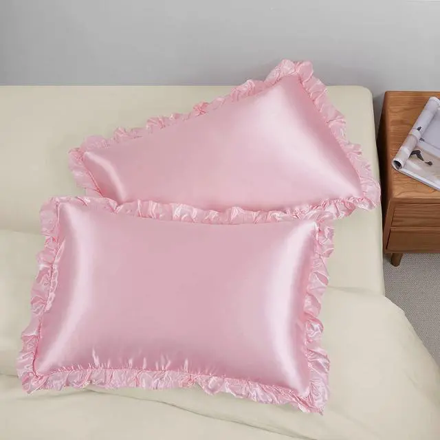 Alt view image 7 of 7 - Ruffled Queen Satin Pillowcase Set of 2, Blush Pink Silky Satin Pillow Cases for Women Ruffle Pillow Shams Covers Princess Room Decoration, with Envelope Closure