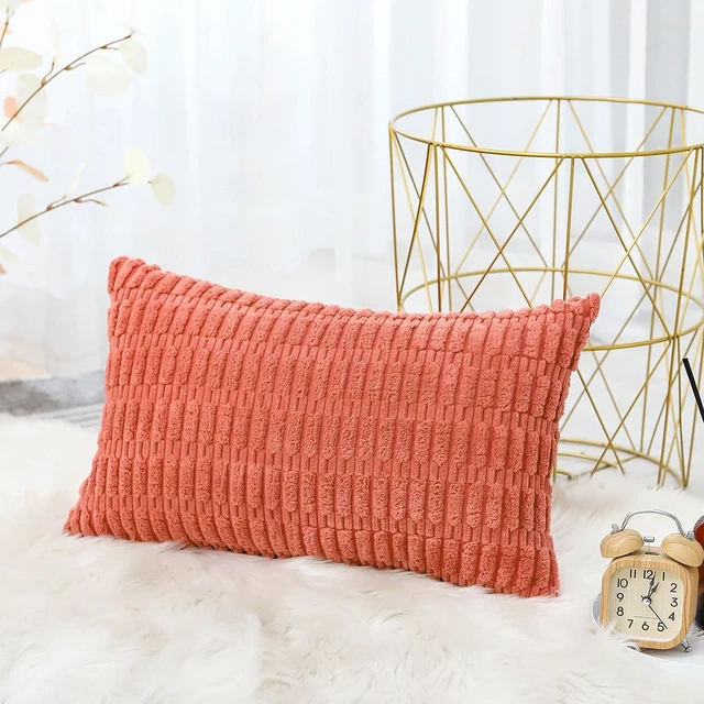 Alt view image 2 of 7 - Corduroy Decorative Throw Pillow Covers 12x20 Inch Super Soft Boho Striped Rectangle Pillow Covers Case Modern Cushion Covers for Sofa Couch Bedroom Car Decor Coral