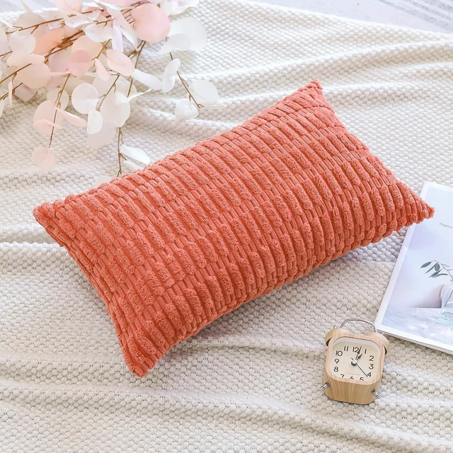 Alt view image 3 of 7 - Corduroy Decorative Throw Pillow Covers 12x20 Inch Super Soft Boho Striped Rectangle Pillow Covers Case Modern Cushion Covers for Sofa Couch Bedroom Car Decor Coral