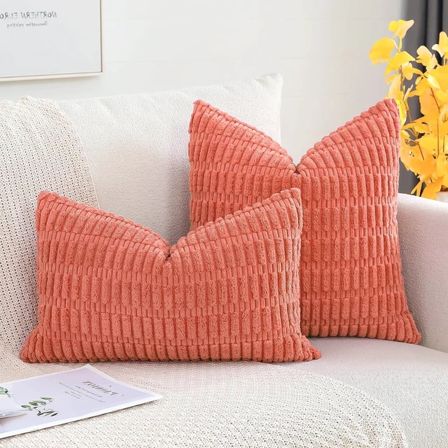 Alt view image 6 of 7 - Corduroy Decorative Throw Pillow Covers 12x20 Inch Super Soft Boho Striped Rectangle Pillow Covers Case Modern Cushion Covers for Sofa Couch Bedroom Car Decor Coral