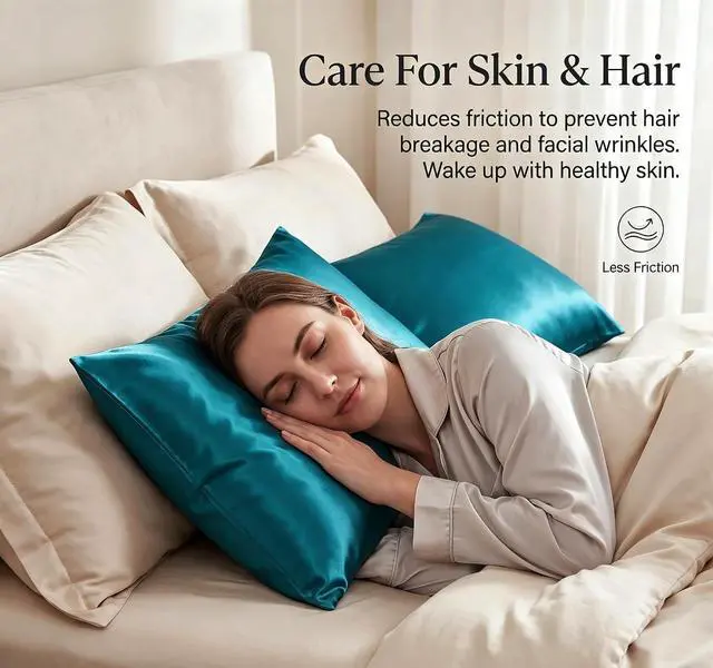 Alt view image 3 of 7 - Satin Pillowcase for Hair and Skin, Super Soft Pillow Cases 4 Pack with Zipper Closure, Cooling Pillowcases for Women Men (Teal, 4 x Queen (20"x30"))