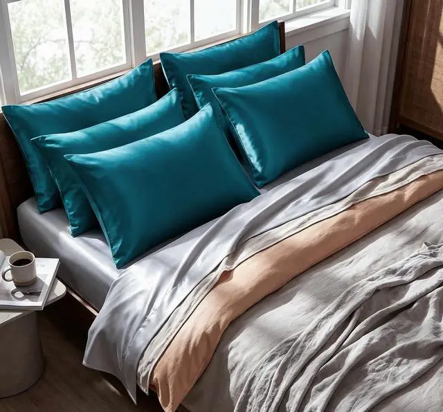 Alt view image 2 of 7 - Satin Pillowcase for Hair and Skin, Super Soft Pillow Cases 4 Pack with Zipper Closure, Cooling Pillowcases for Women Men (Teal, 4 x Queen (20"x30"))