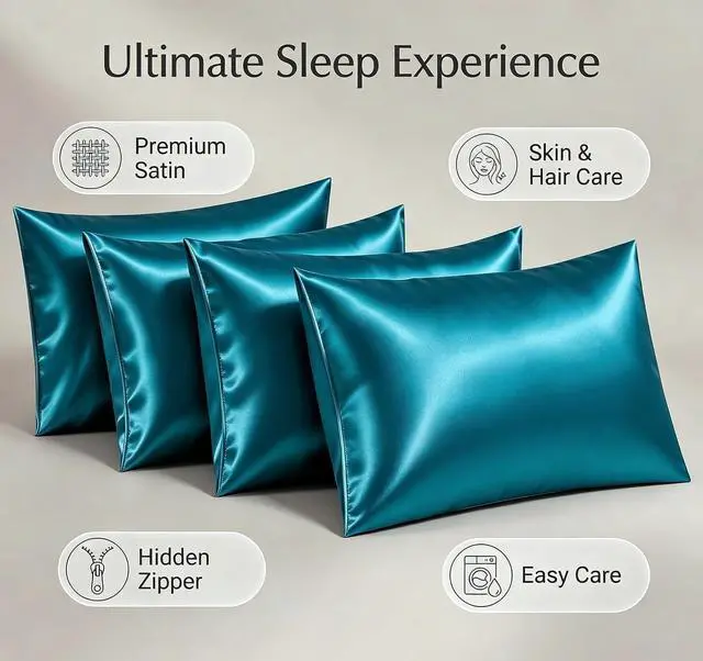 Alt view image 6 of 7 - Satin Pillowcase for Hair and Skin, Super Soft Pillow Cases 4 Pack with Zipper Closure, Cooling Pillowcases for Women Men (Teal, 4 x Queen (20"x30"))