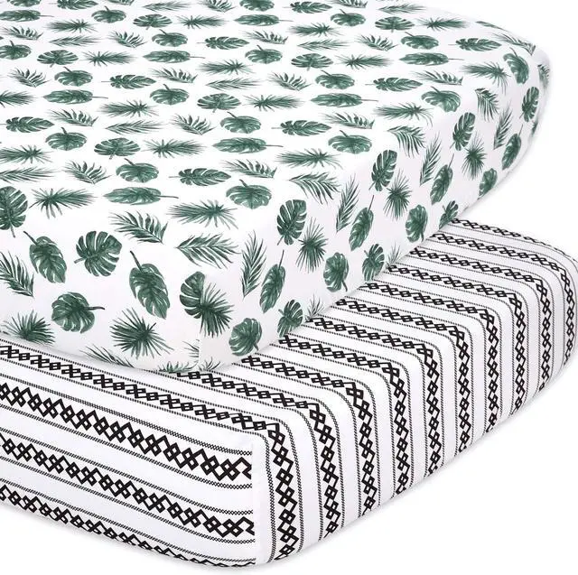 Main image of 2-Pack Fitted Crib Sheet Set - Super Soft & Breathable Baby Girl or Boy Crib Sheets, Nursery Decor, Fit for Standard Mattress Cover- Leaf n Stripe