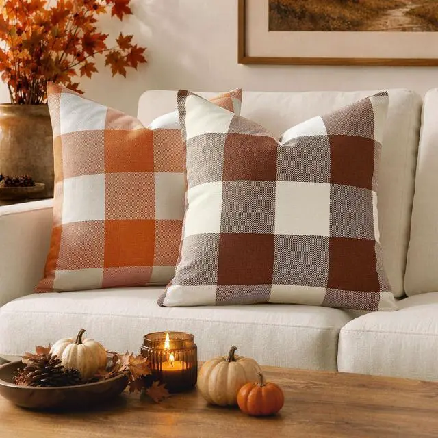 Alt view image 3 of 7 - Fall Plaid Pillow Covers 18x18 Brown Pack of 2