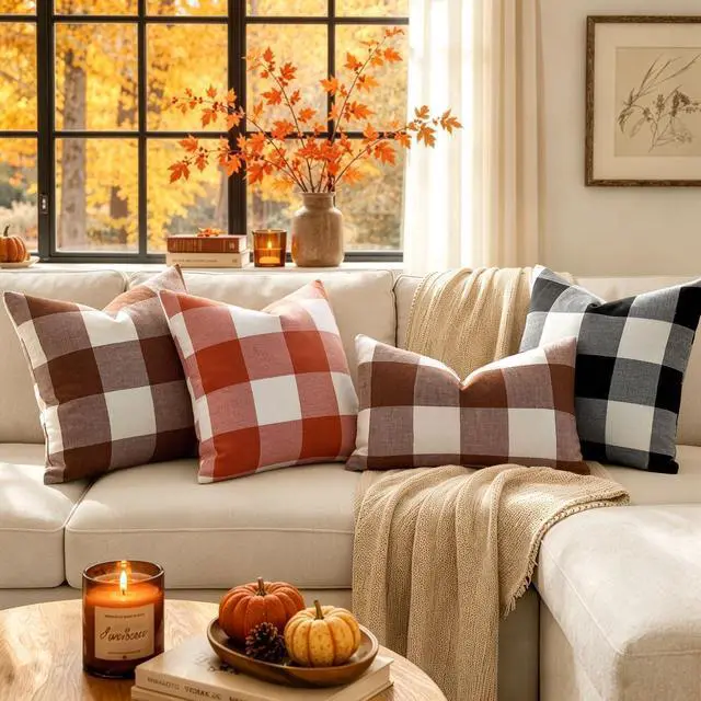 Alt view image 4 of 7 - Fall Plaid Pillow Covers 18x18 Brown Pack of 2
