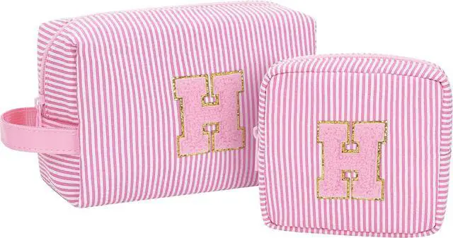 Main image of Travel Makeup Bag for Women,Make Up Pouch for Girlfriend Bridesmaid Wife,Birthday Gift for Her Cute Monogram Cute Initial Toiletry Bag Set,2PCS Pink H