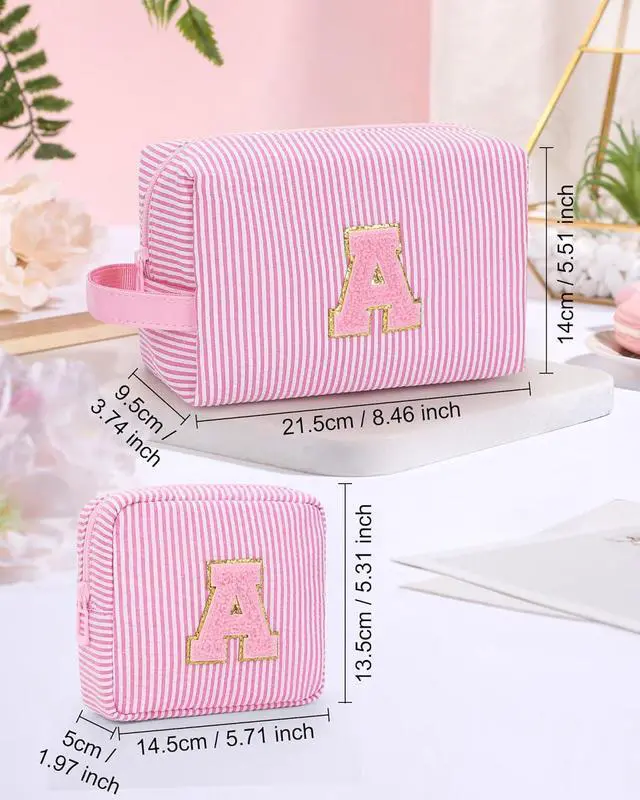 Alt view image 3 of 7 - Travel Makeup Bag for Women,Make Up Pouch for Girlfriend Bridesmaid Wife,Birthday Gift for Her Cute Monogram Cute Initial Toiletry Bag Set,2PCS Pink H