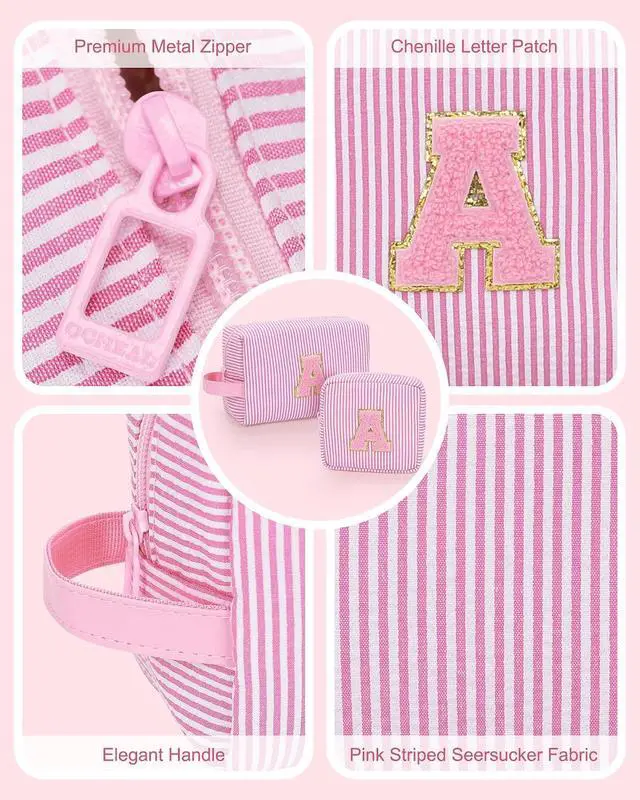 Alt view image 4 of 7 - Travel Makeup Bag for Women,Make Up Pouch for Girlfriend Bridesmaid Wife,Birthday Gift for Her Cute Monogram Cute Initial Toiletry Bag Set,2PCS Pink H