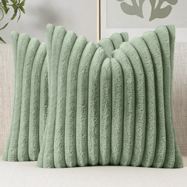 Alt view image 2 of 7 - Faux Fur Decorative Throw Pillow Covers 18x18 Inch Set of 2, Modern Spring Home Decor Soft Plush Couch Pillows Cozy Fluffy Cushion Covers for Sofa Bed Sage Green