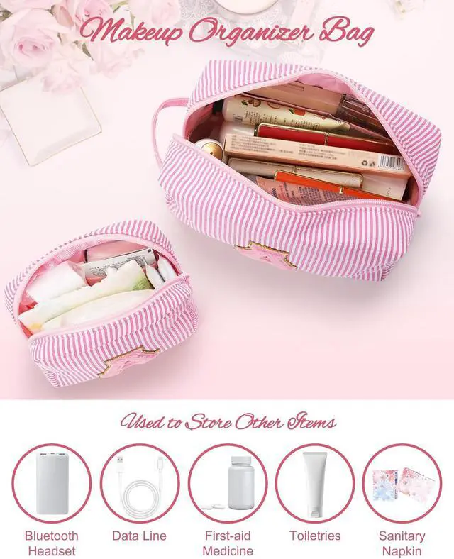 Alt view image 5 of 7 - Travel Makeup Bag for Women,Make Up Pouch for Girlfriend Bridesmaid Wife,Birthday Gift for Her Cute Monogram Cute Initial Toiletry Bag Set,2PCS Pink H