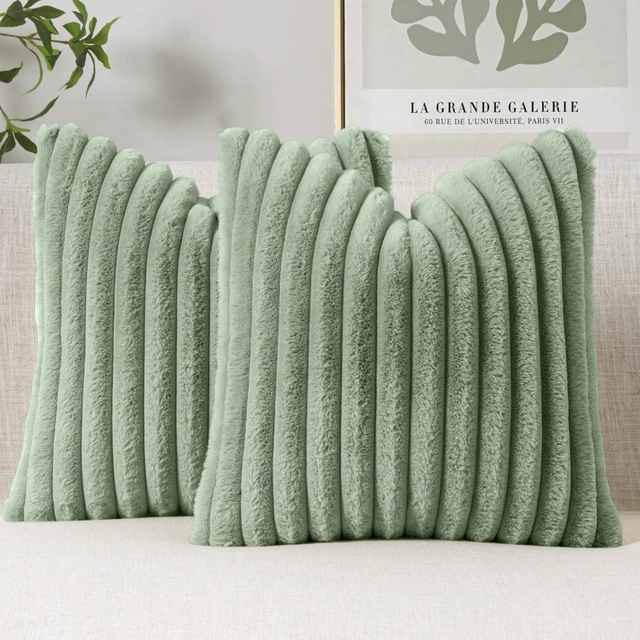Main image of Faux Fur Decorative Throw Pillow Covers 18x18 Inch Set of 2, Modern Spring Home Decor Soft Plush Couch Pillows Cozy Fluffy Cushion Covers for Sofa Bed Sage Green