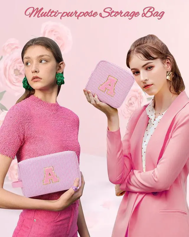 Alt view image 6 of 7 - Travel Makeup Bag for Women,Make Up Pouch for Girlfriend Bridesmaid Wife,Birthday Gift for Her Cute Monogram Cute Initial Toiletry Bag Set,2PCS Pink H