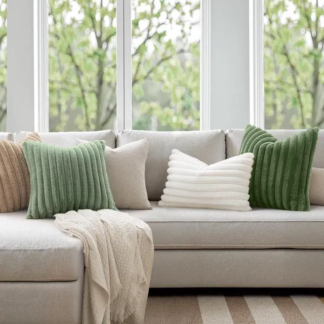 Alt view image 3 of 7 - Faux Fur Decorative Throw Pillow Covers 18x18 Inch Set of 2, Modern Spring Home Decor Soft Plush Couch Pillows Cozy Fluffy Cushion Covers for Sofa Bed Sage Green