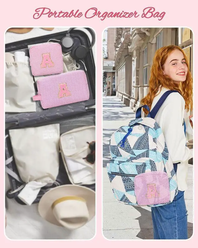 Alt view image 7 of 7 - Travel Makeup Bag for Women,Make Up Pouch for Girlfriend Bridesmaid Wife,Birthday Gift for Her Cute Monogram Cute Initial Toiletry Bag Set,2PCS Pink H