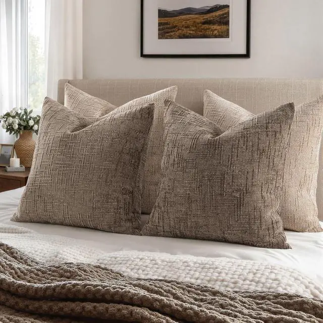 Alt view image 6 of 7 - Chenille Textured Throw Pillow Covers Taupe Grey 18x18 Set of 2