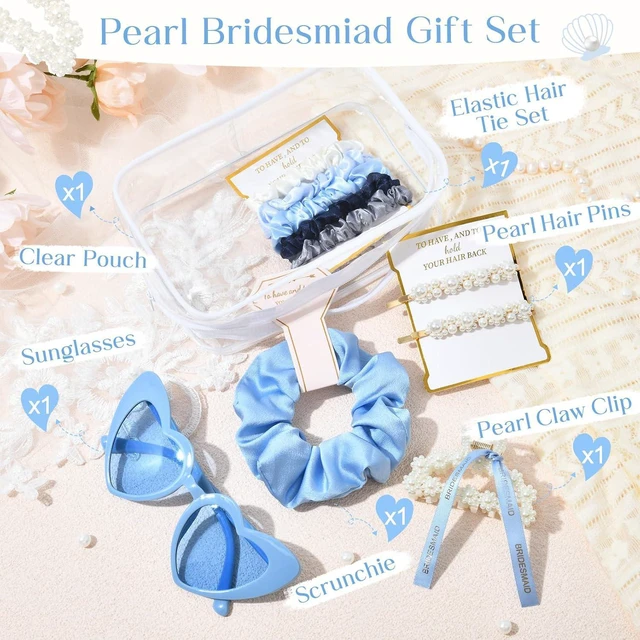 Alt view image 2 of 7 - Pearl Gift Set Bridesmaid Proposal Bag Clear Makeup Toiletry Bag Pearl Clips Hair Claw Clips Scrunchies Sunglasses Bachelorette Party Favors Bridal Wedding Party Gifts (Blue)