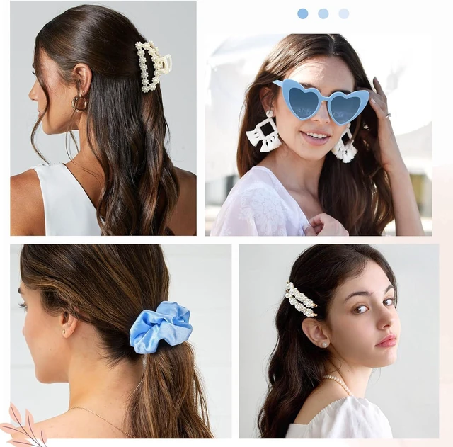 Alt view image 4 of 7 - Pearl Gift Set Bridesmaid Proposal Bag Clear Makeup Toiletry Bag Pearl Clips Hair Claw Clips Scrunchies Sunglasses Bachelorette Party Favors Bridal Wedding Party Gifts (Blue)