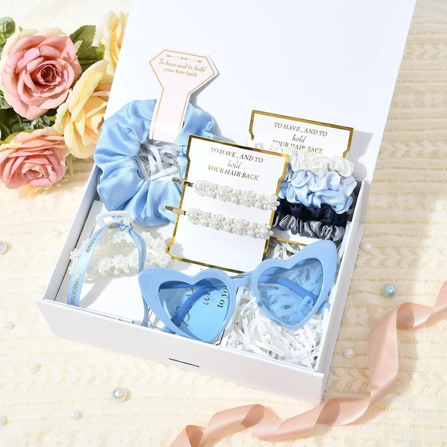 Alt view image 6 of 7 - Pearl Gift Set Bridesmaid Proposal Bag Clear Makeup Toiletry Bag Pearl Clips Hair Claw Clips Scrunchies Sunglasses Bachelorette Party Favors Bridal Wedding Party Gifts (Blue)